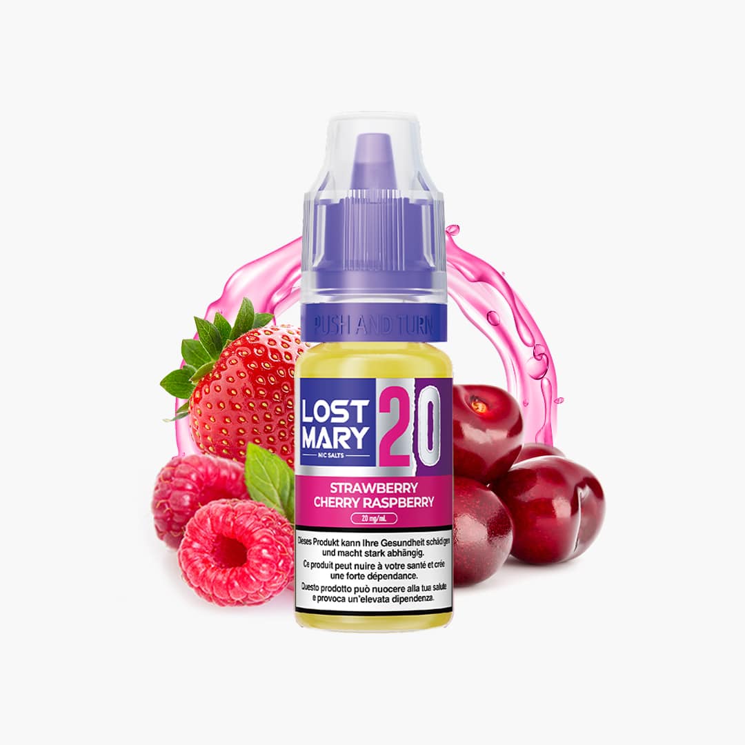 Lost Mary Nic Salts 20 mg Strawberry Cherry Raspberry Nikotinsalz-Liquid Flasche mit Erdbeere, Kirschen und Himbeeren