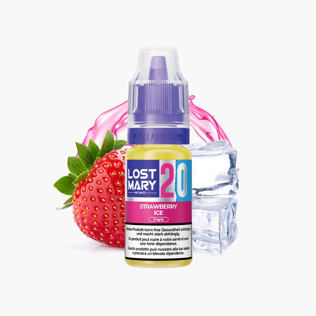 Lost Mary Nic Salts Strawberry Ice 20 mg E-Liquid Flasche mit Erdbeere und Eiswürfeln auf weißem Hintergrund
