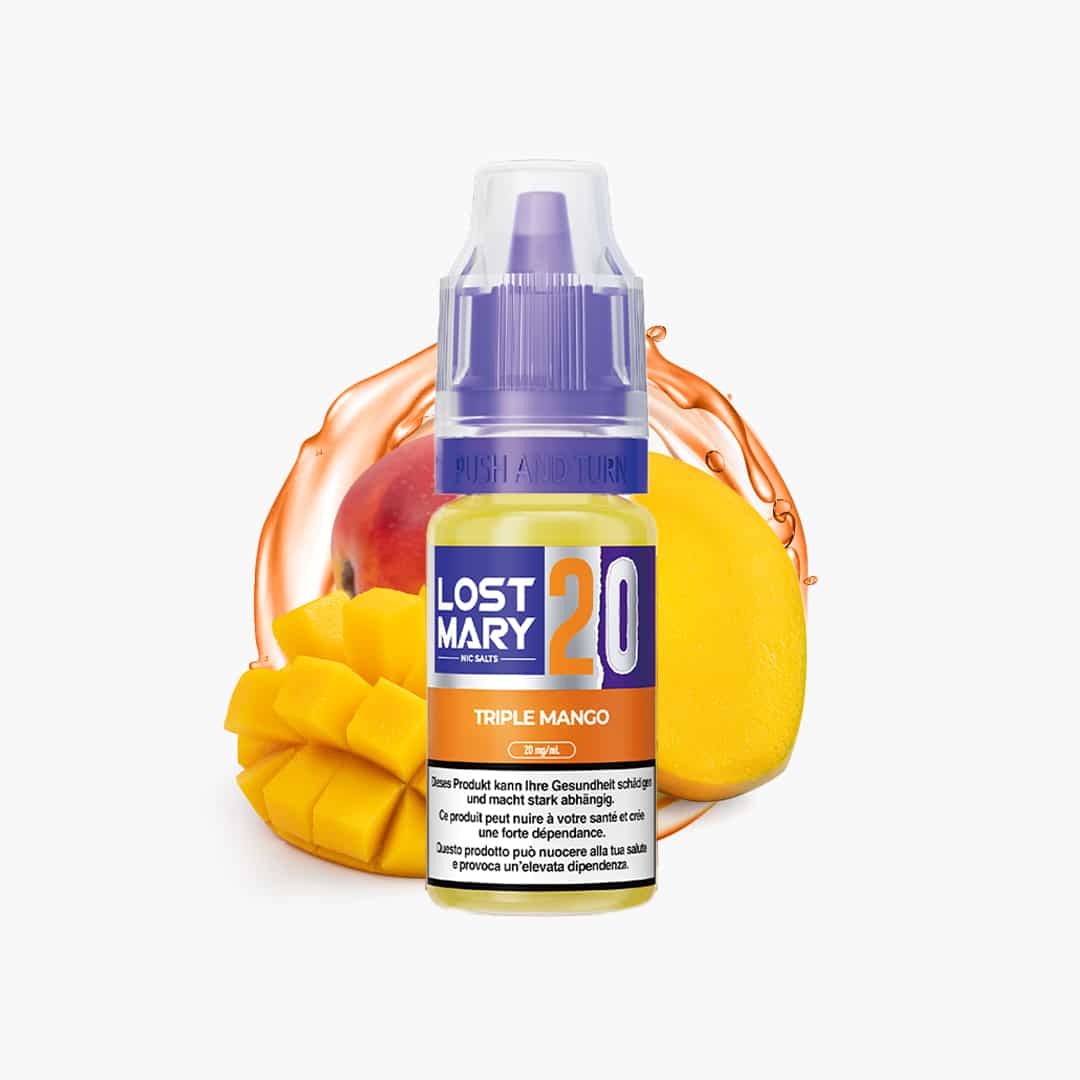 Lost Mary Nic Salts 20 mg Triple Mango E-Liquid Flasche mit Mango und Mangostücken vor weißem Hintergrund