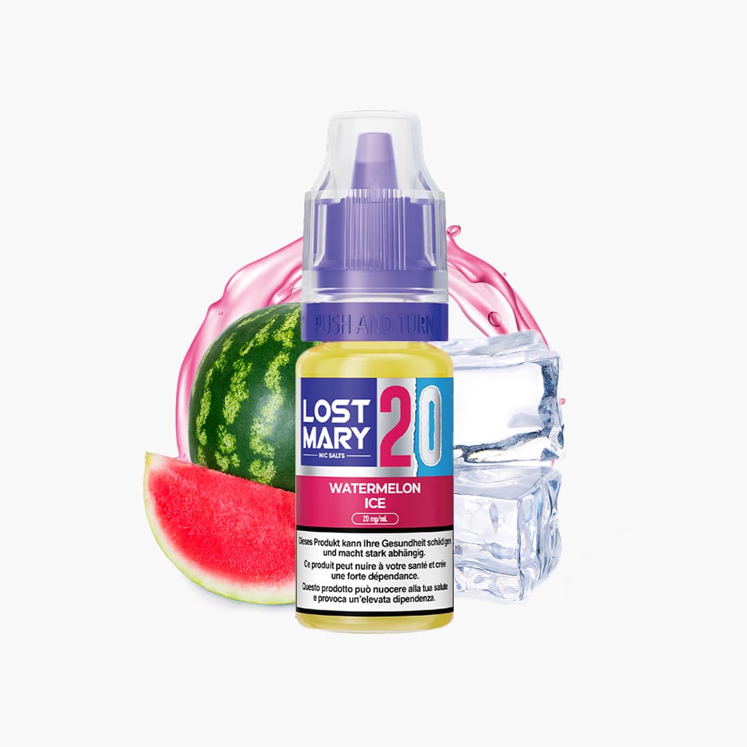 Lost Mary Nic Salts Watermelon Ice E-Liquid 20 mg mit Wassermelone und Eiswürfeln vor weißem Hintergrund