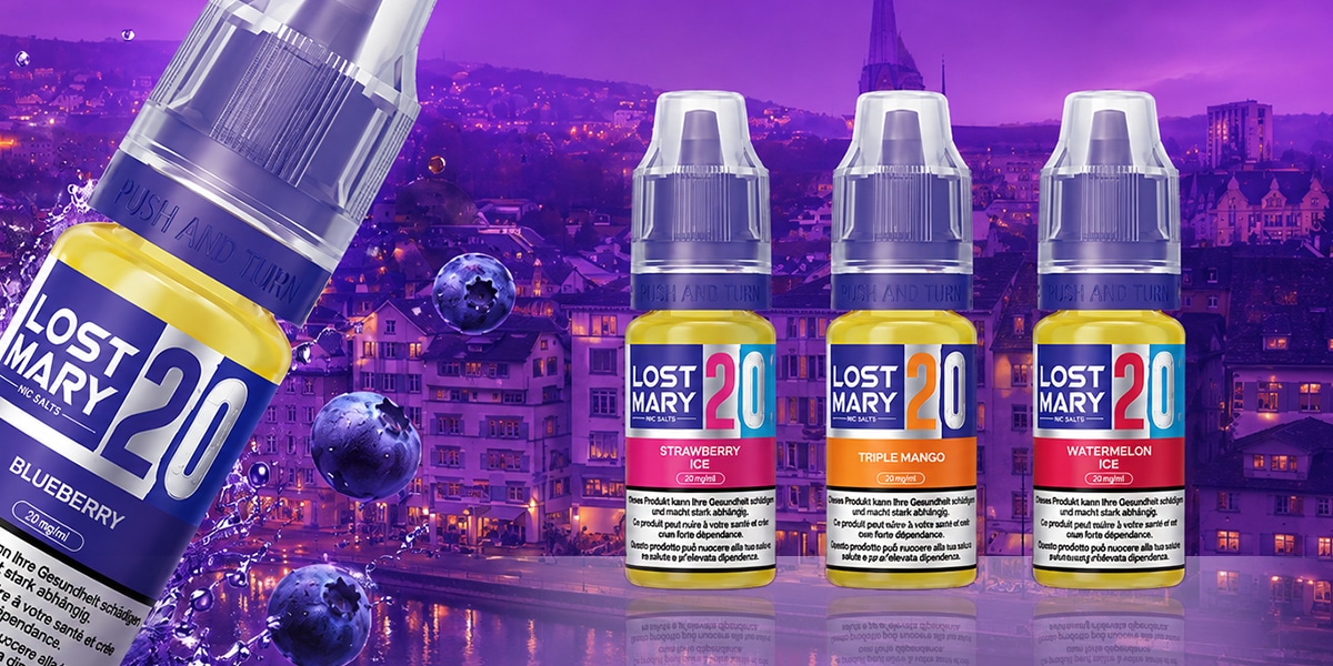 Lost Mary Liquido al gusto di mirtillo con 20 mg di sali di nicotina in bottiglia, con mirtilli su uno sfondo viola di una città.