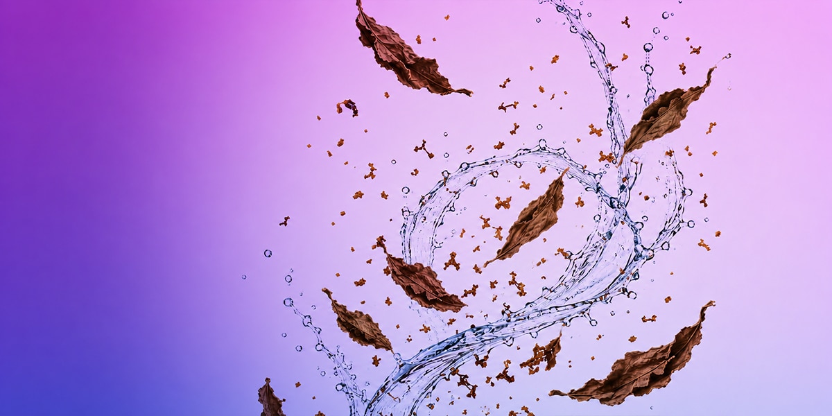 Tobacco flavor splash design with brown tobacco leaves and water splashes against a purple background, 20 mg