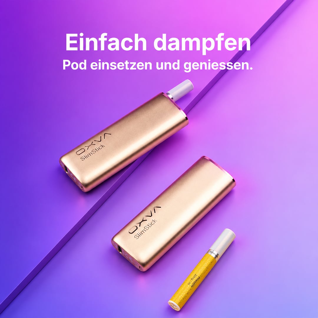 Zwei OXVA SlimStick Pod-System Geräte in Gold auf lila Hintergrund mit gelbem Pod; Nikotingehalt 20 mg