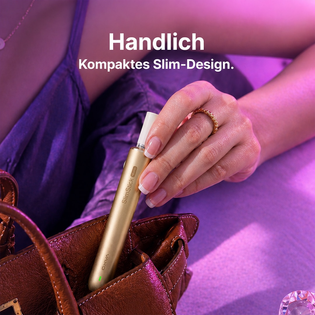 OXVA SlimStick NEO Vape in Gold (20 mg) in der Hand, kompaktes Slim-Design, vor violettem Hintergrund