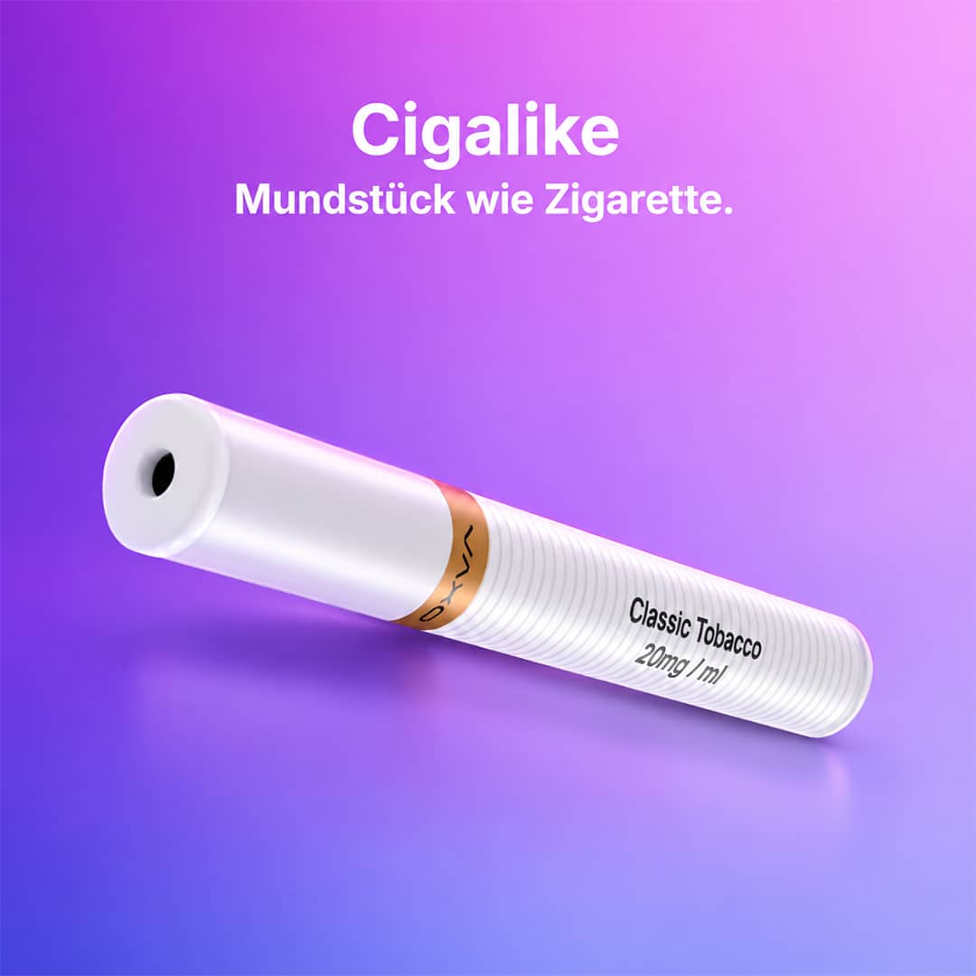 OXVA Cigalike Vape Classic Tobacco 20 mg/ml mit zigarettenähnlichem Mundstück vor lila Hintergrund