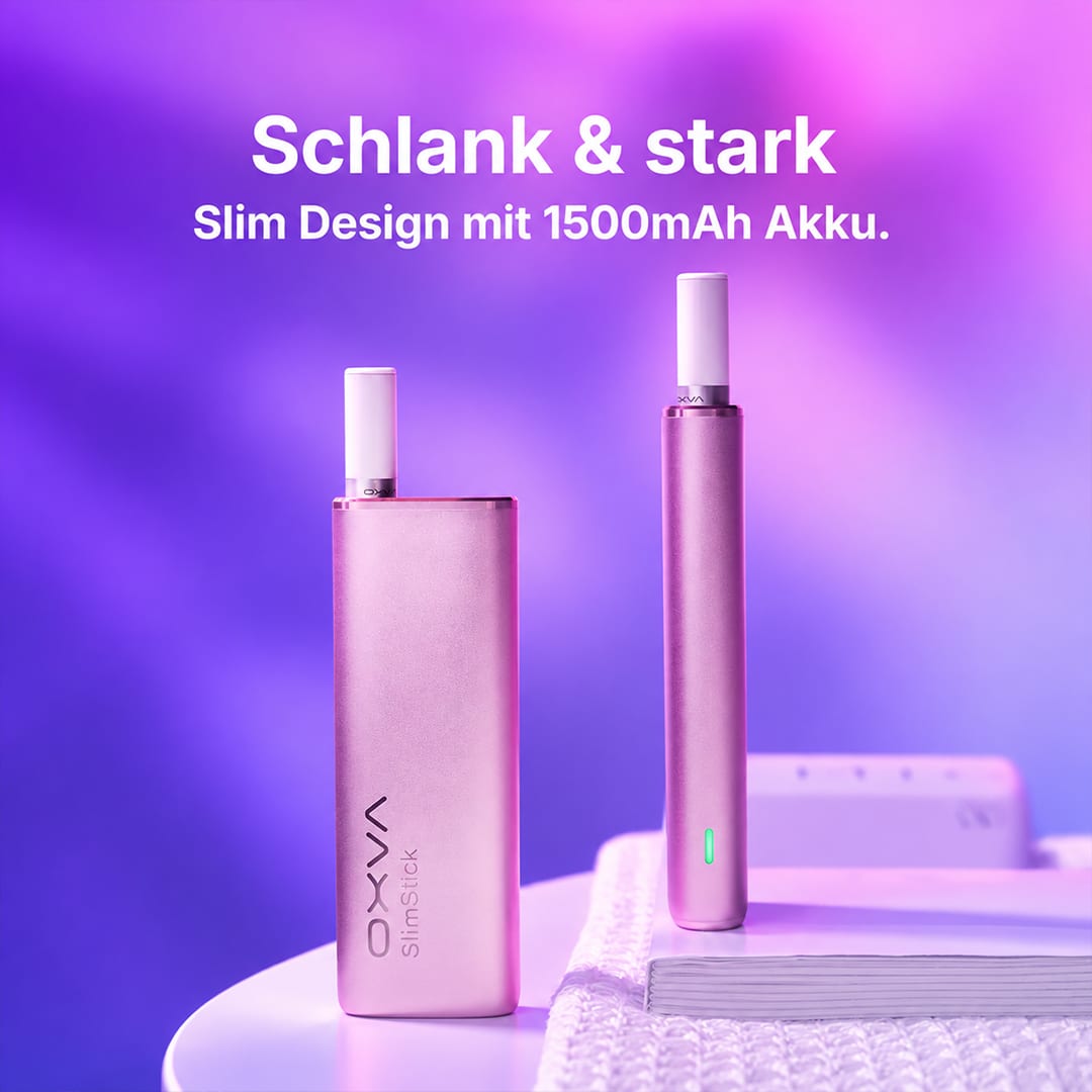 OXVA SlimStick Vape in Rosé/Lila auf Tisch, „Schlank & stark“ Motiv, Slim Design mit 1500mAh Akku, 20 mg