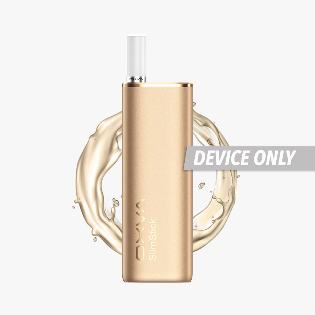 OXVA SlimStick Vape Device Only in Gold mit Pod, 20 mg, freigestellt mit Flüssigkeits-Splash im Hintergrund