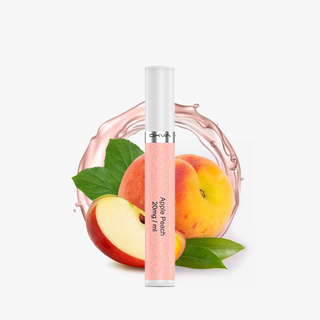 OXVA Einweg-Vape Apple Peach 20 mg in Rosa mit Apfel- und Pfirsichmotiv auf weißem Hintergrund