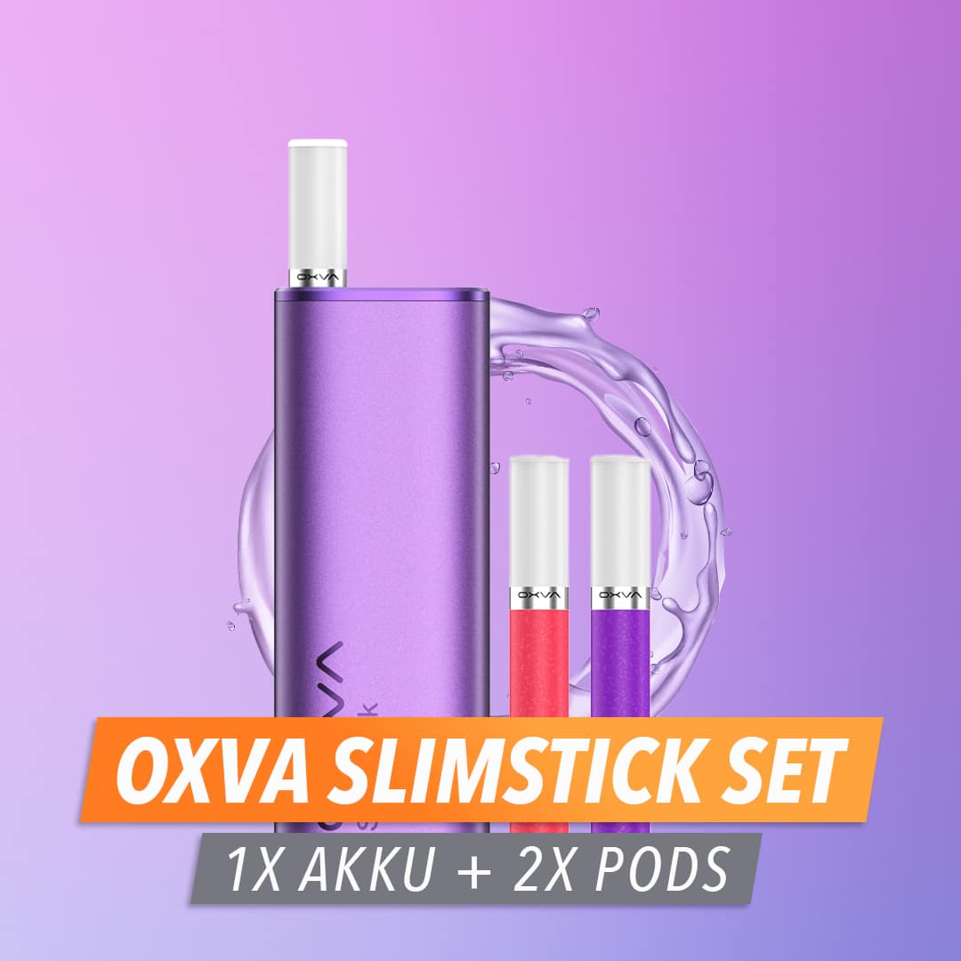 OXVA SlimStick Set 20 mg in Lila mit 1x Akku und 2x Pods (rot und lila) vor violettem Hintergrund mit Wasser-Splash