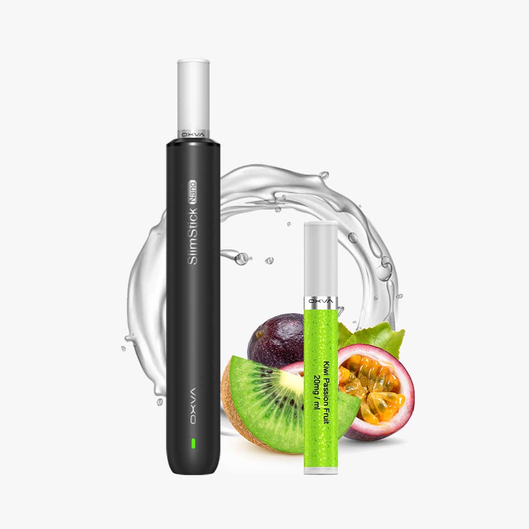 OXVA Slim Stick Nano Pod-System mit Kiwi Passion Fruit Pod 20 mg, schwarze E-Zigarette vor Wassersplash und Früchten