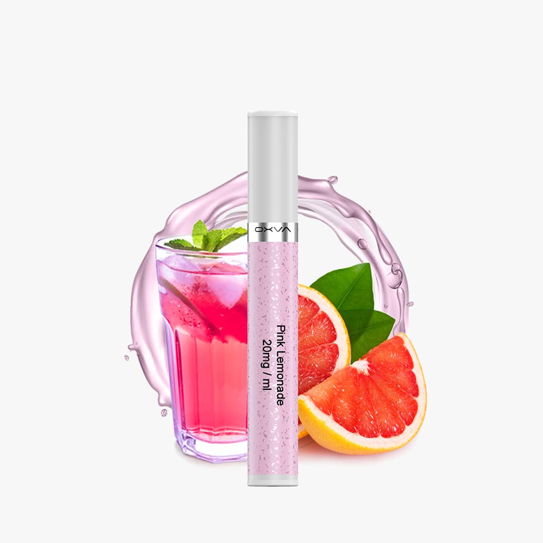 OXVA Einweg-Vape Pink Lemonade 20 mg, pinkes Design mit Grapefruit/Zitrus-Motiv und Getränk im Hintergrund