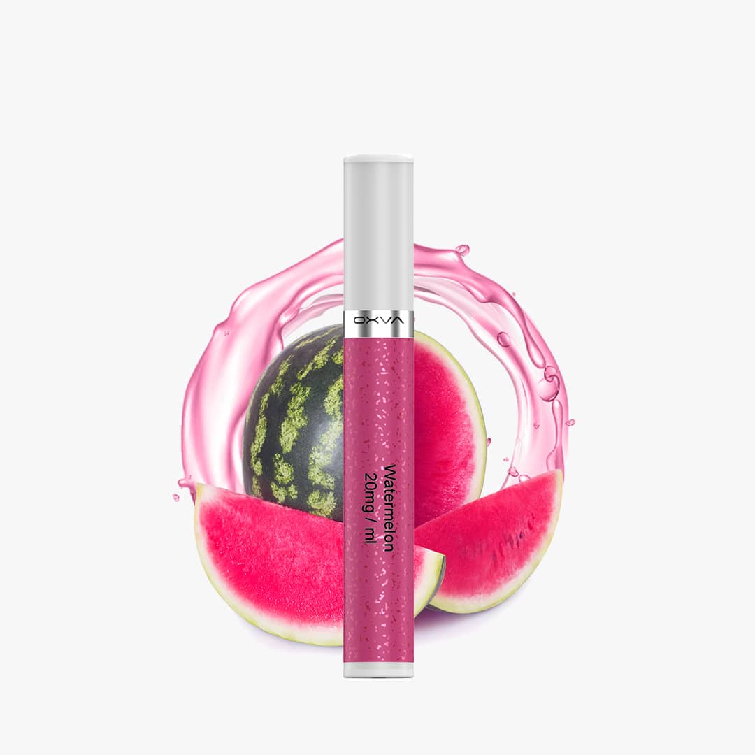 OXVA Vape Watermelon 20 mg mit pinkem Liquid-Design vor Wassermelone und pinkem Splash auf weißem Hintergrund