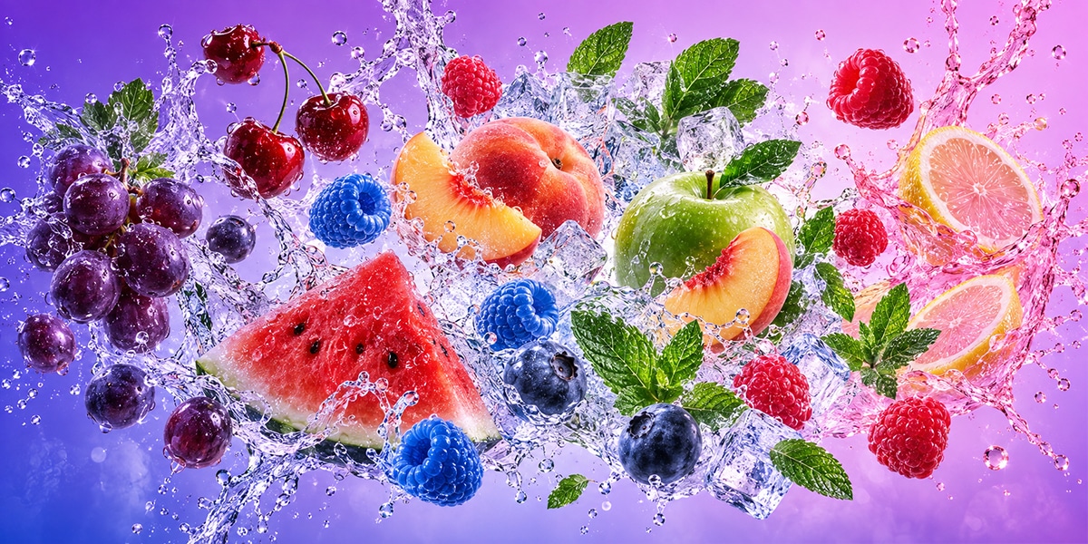 Colorful motif image with water splash, ice cubes and fruit mix of watermelon, grapes, cherries, berries, apple, peach and citrus.